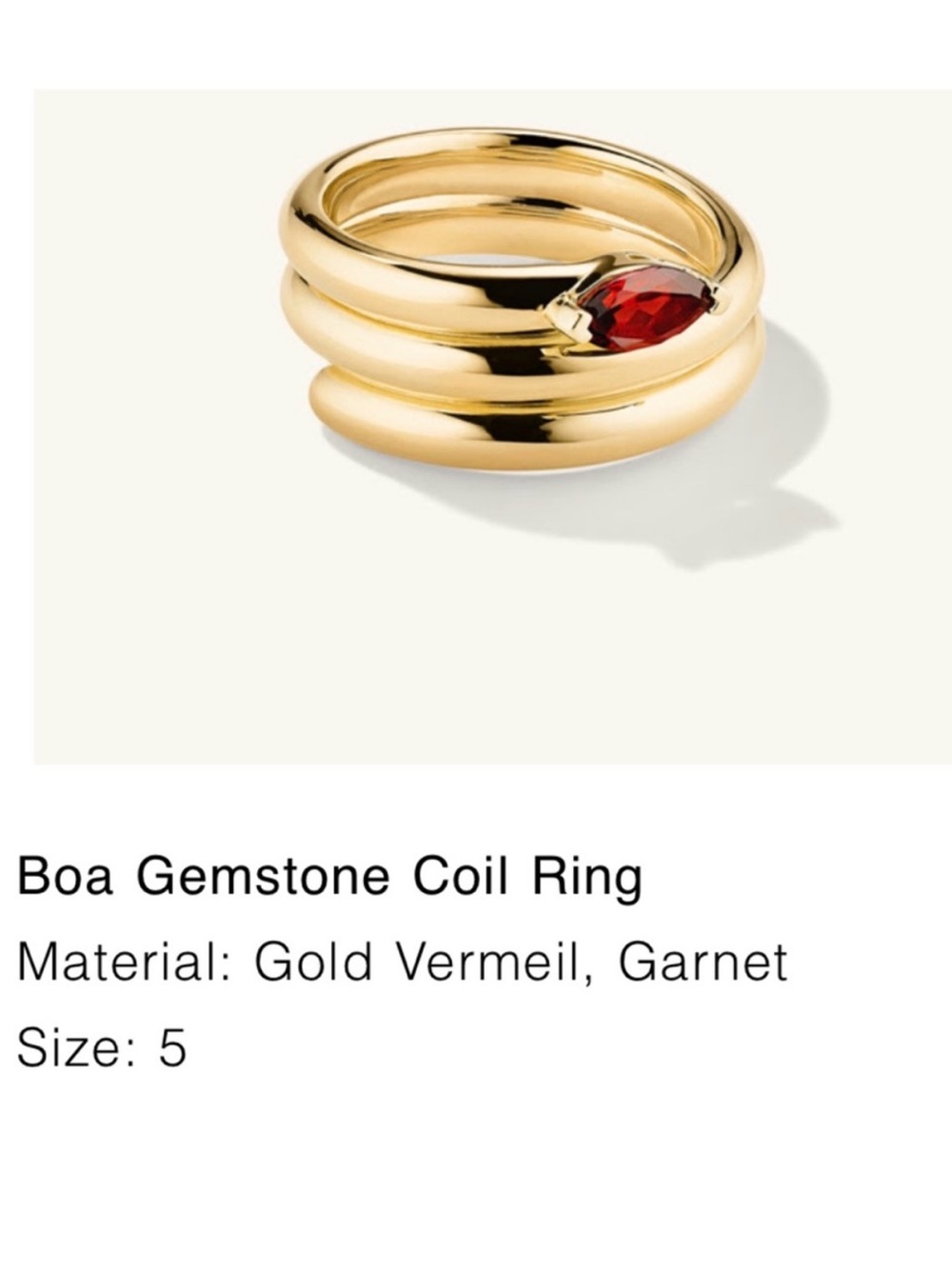 Boa Gemstone Coil Ring in Gold with Red Garnet size 5